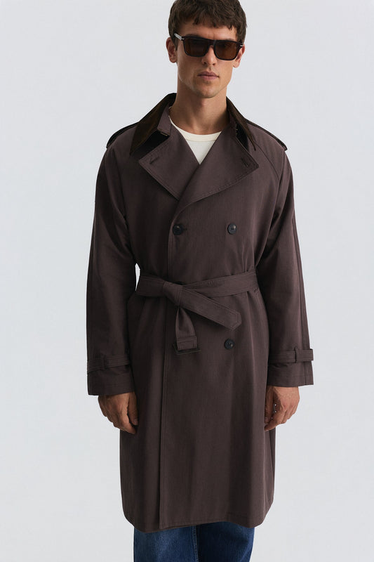 Contrast-Collar Double-Breasted Trench Coat