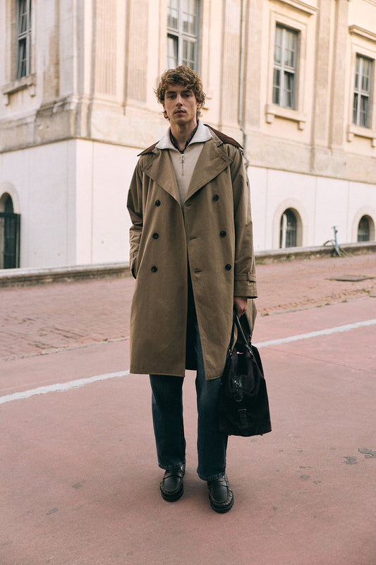 Contrast-Collar Double-Breasted Trench Coat