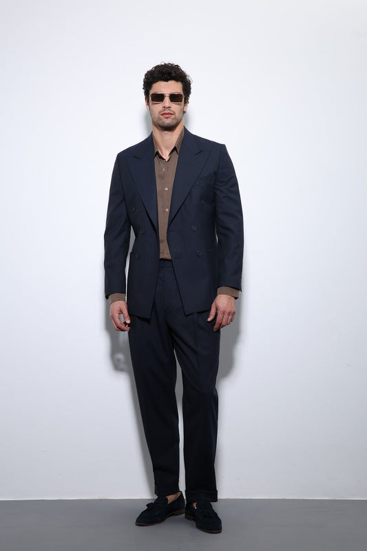 Double-Breasted, Italian-Cut, Wool-Blend Striped Men's Technical Suit