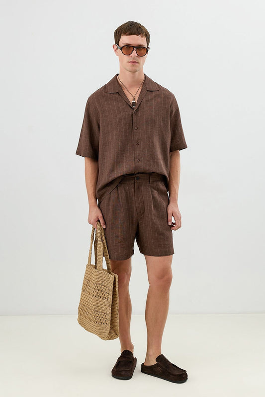 Linen-Blend Striped Pleated Shorts
