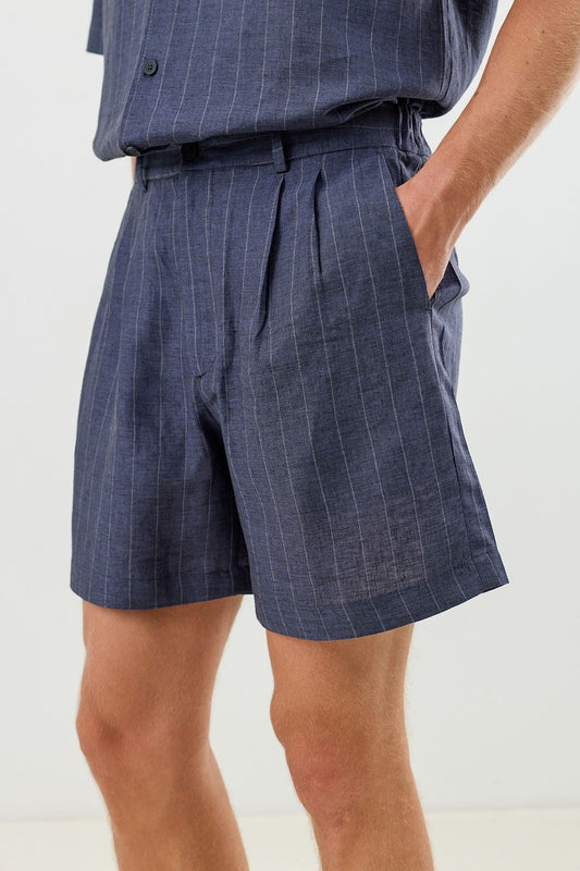 Linen-Blend Striped Pleated Shorts