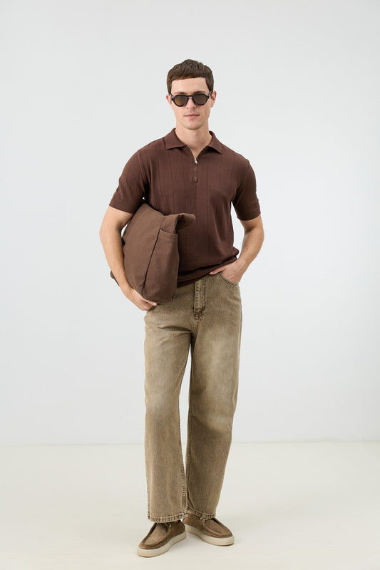 Antioch Zip-Up Collar Striped Knit Men's T-Shirt