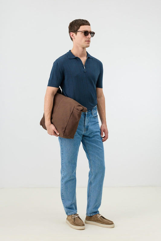Antioch Zip-Up Collar Striped Knit Men's T-Shirt
