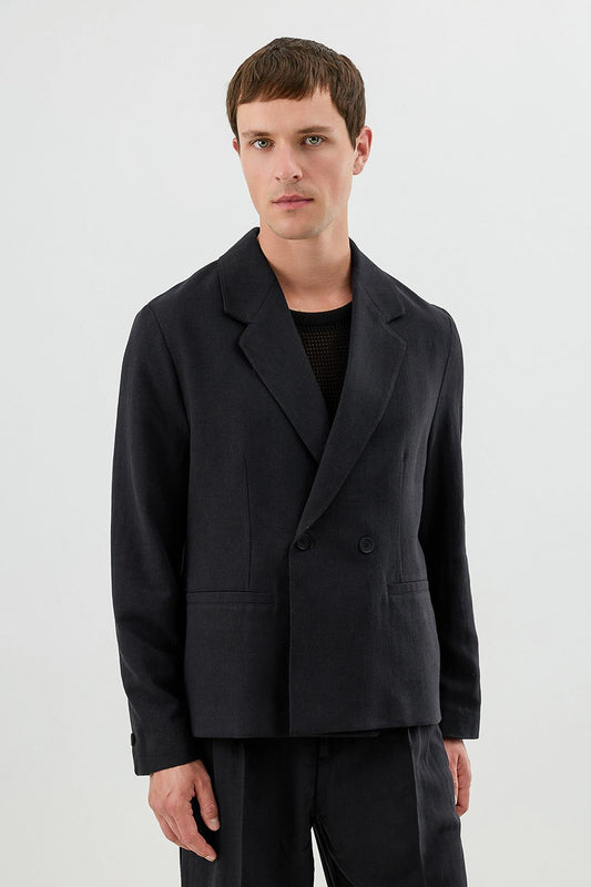 Linen-Blend Double-Breasted Relaxed-Fit Jacket
