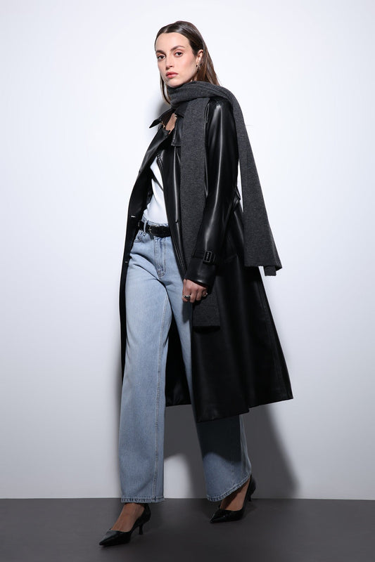 Antioch Women's Faux Leather Belted Trench Coat