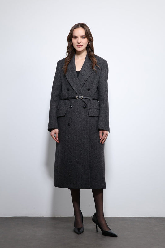 Antioch Herringbone-Patterned Belted Coat