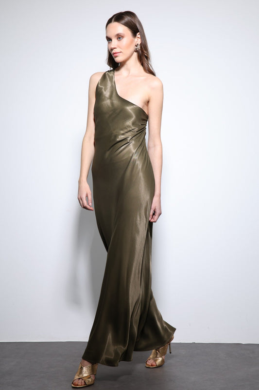 Antioch Asymmetrical-Neckline Satin Maxi Dress
