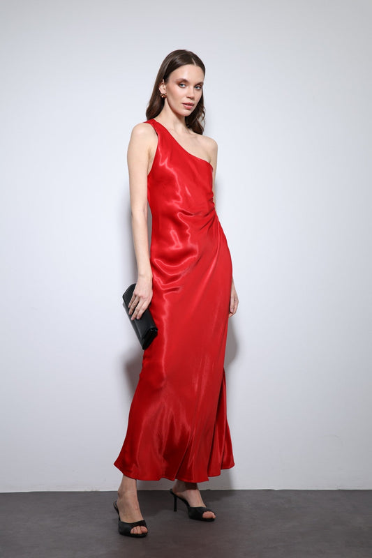 Antioch Asymmetrical-Neckline Satin Maxi Dress