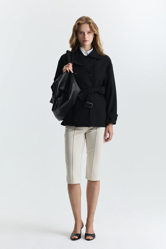Stand-Up Collar Double-Breasted Belted Trench Coat