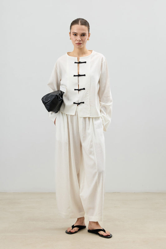 Women's Suit with Embellished Buttons in a Linen Blend