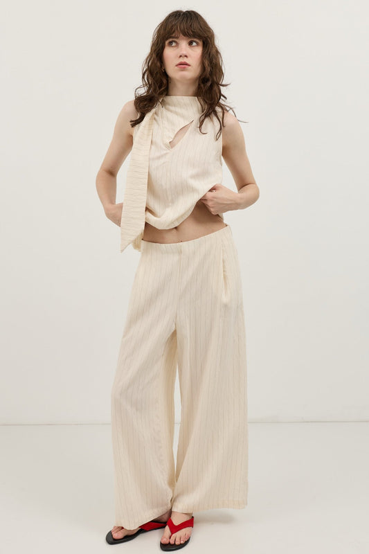 Cream-Colored Shawl-Collar Striped Women's Set