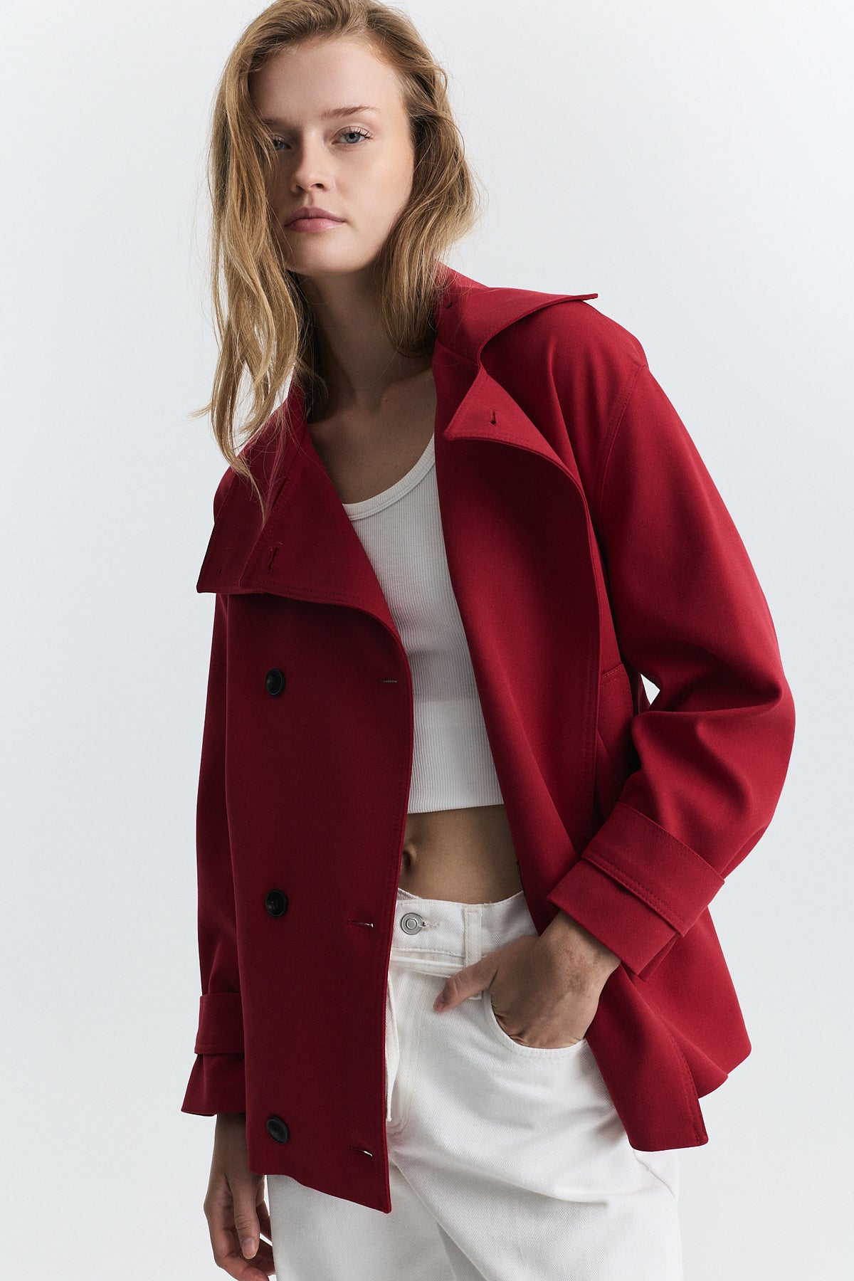 Stand-Up Collar Double-Breasted Belted Trench Coat
