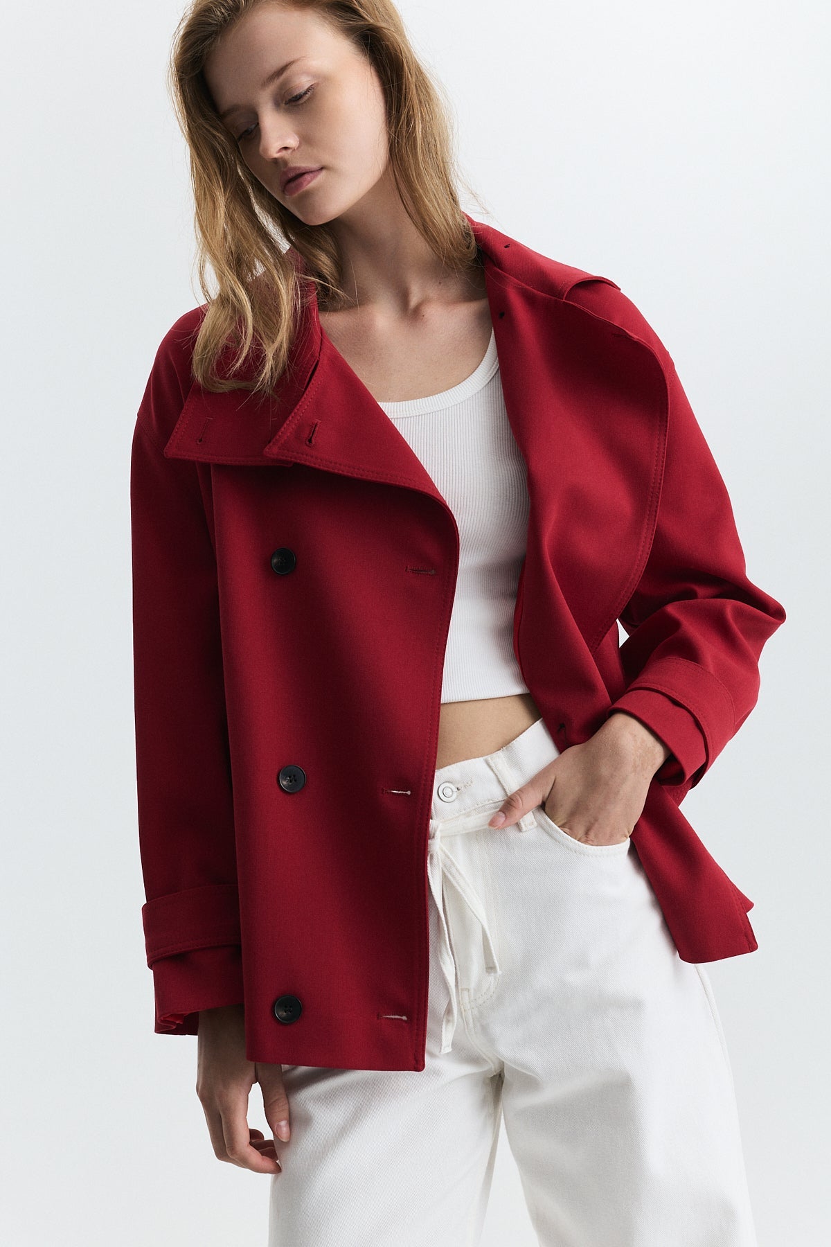 Stand-Up Collar Double-Breasted Belted Trench Coat