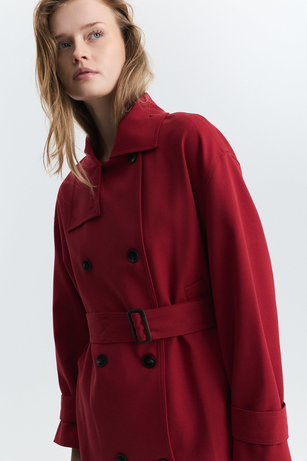 Stand-Up Collar Double-Breasted Belted Trench Coat