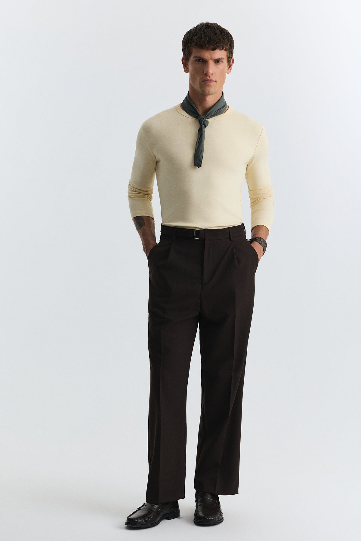 Arched-Waist Pleated Pants