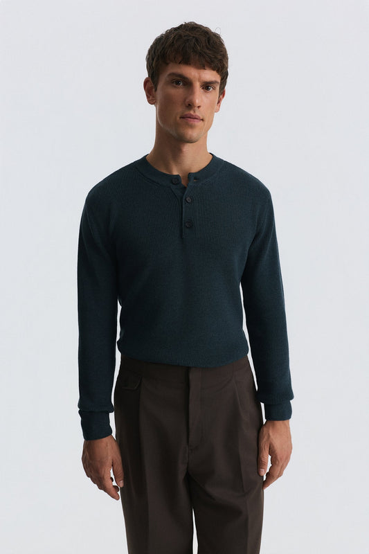 Button-Neck Textured Sweater