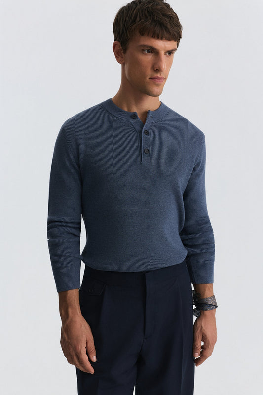 Button-Neck Textured Sweater