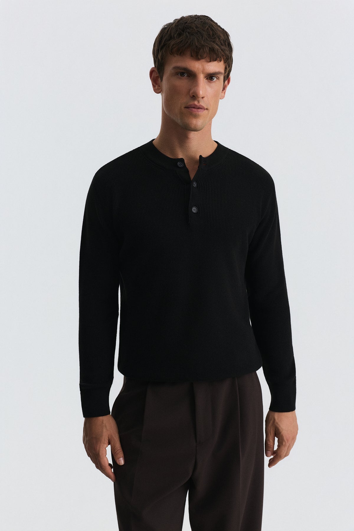 Button-Neck Textured Sweater