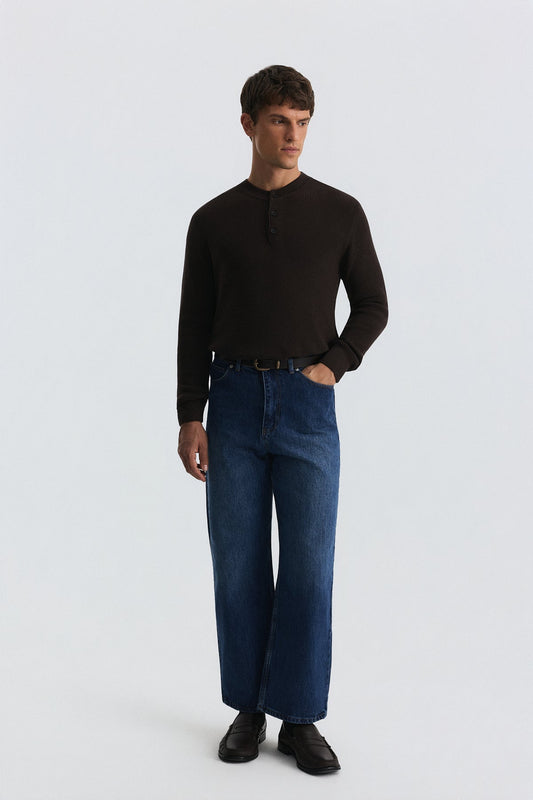 Button-Neck Textured Sweater