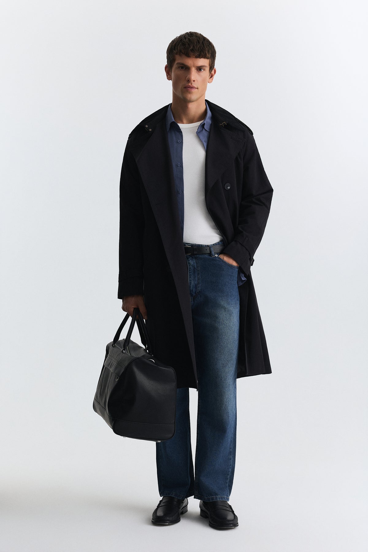 Contrast-Collar Double-Breasted Trench Coat