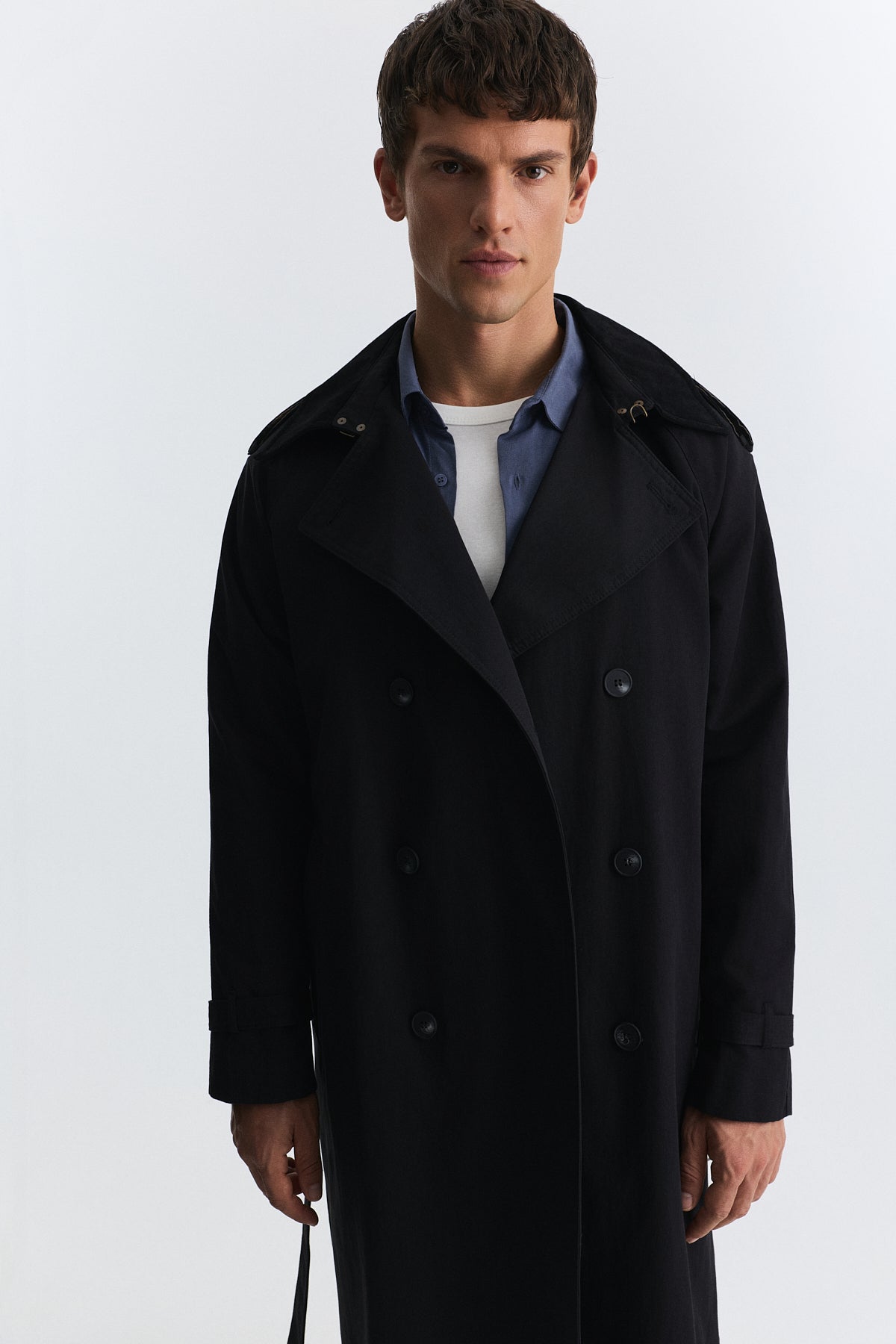 Contrast-Collar Double-Breasted Trench Coat