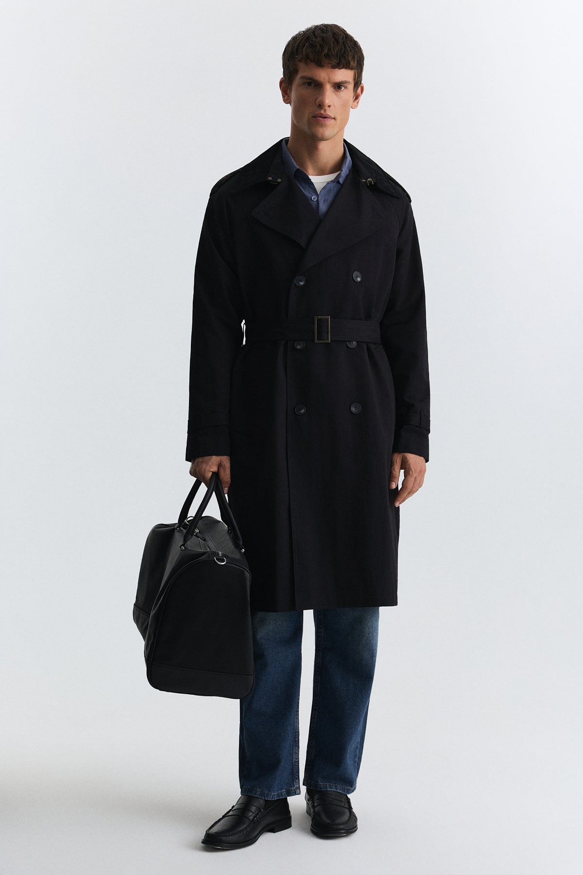 Contrast-Collar Double-Breasted Trench Coat
