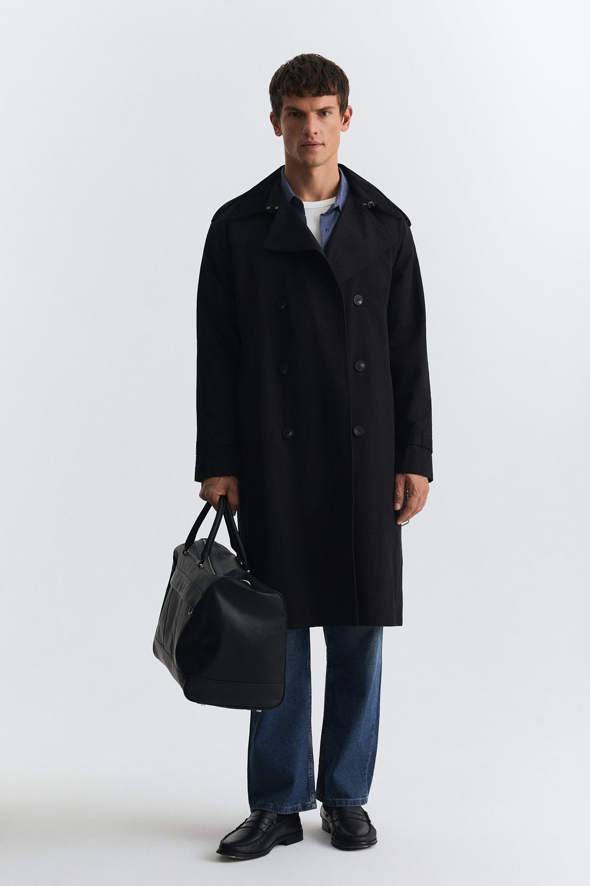 Contrast-Collar Double-Breasted Trench Coat