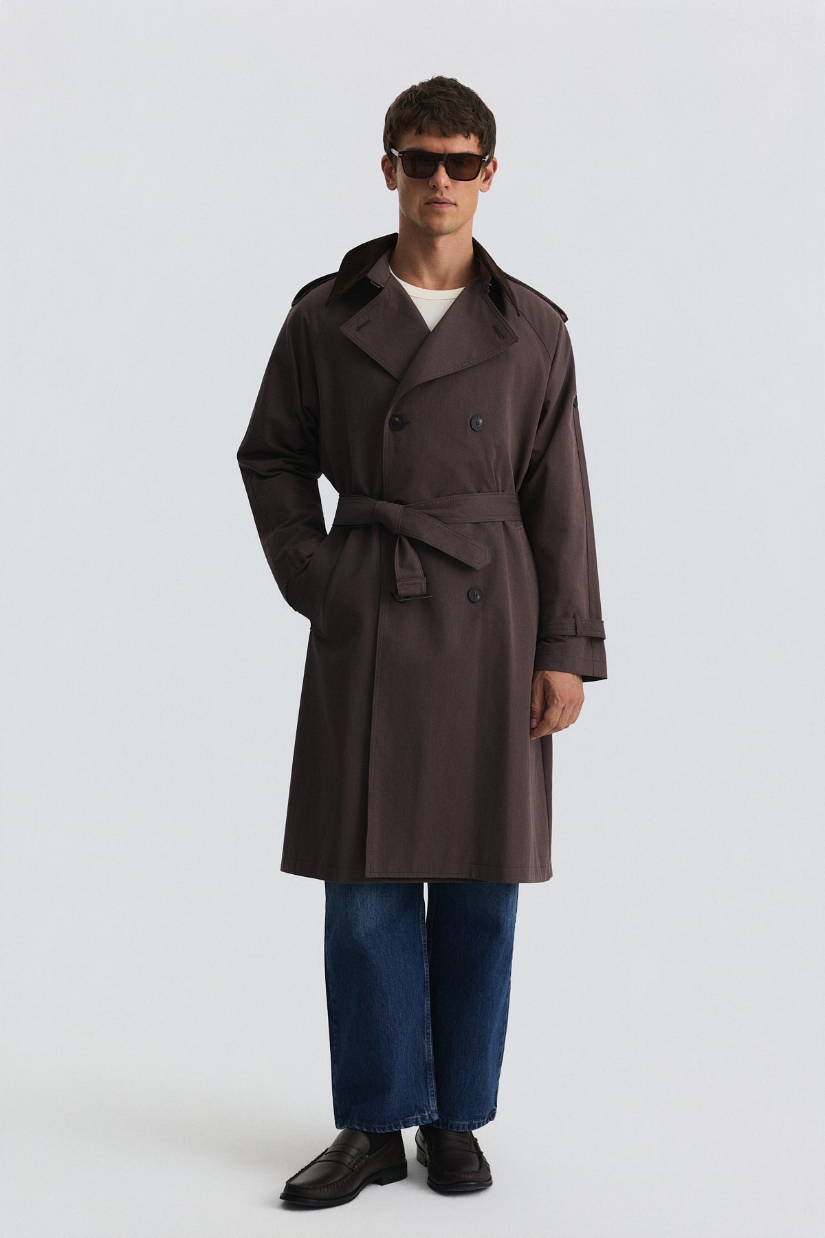 Contrast-Collar Double-Breasted Trench Coat