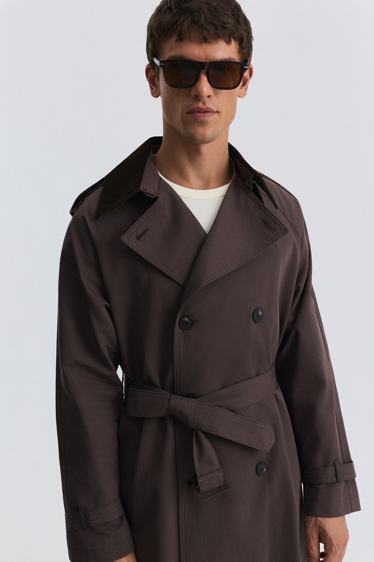 Contrast-Collar Double-Breasted Trench Coat