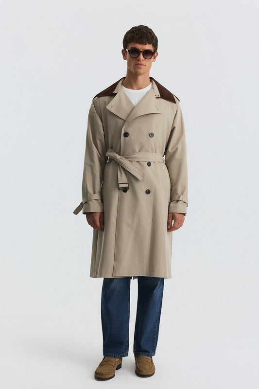 Contrast-Collar Double-Breasted Trench Coat