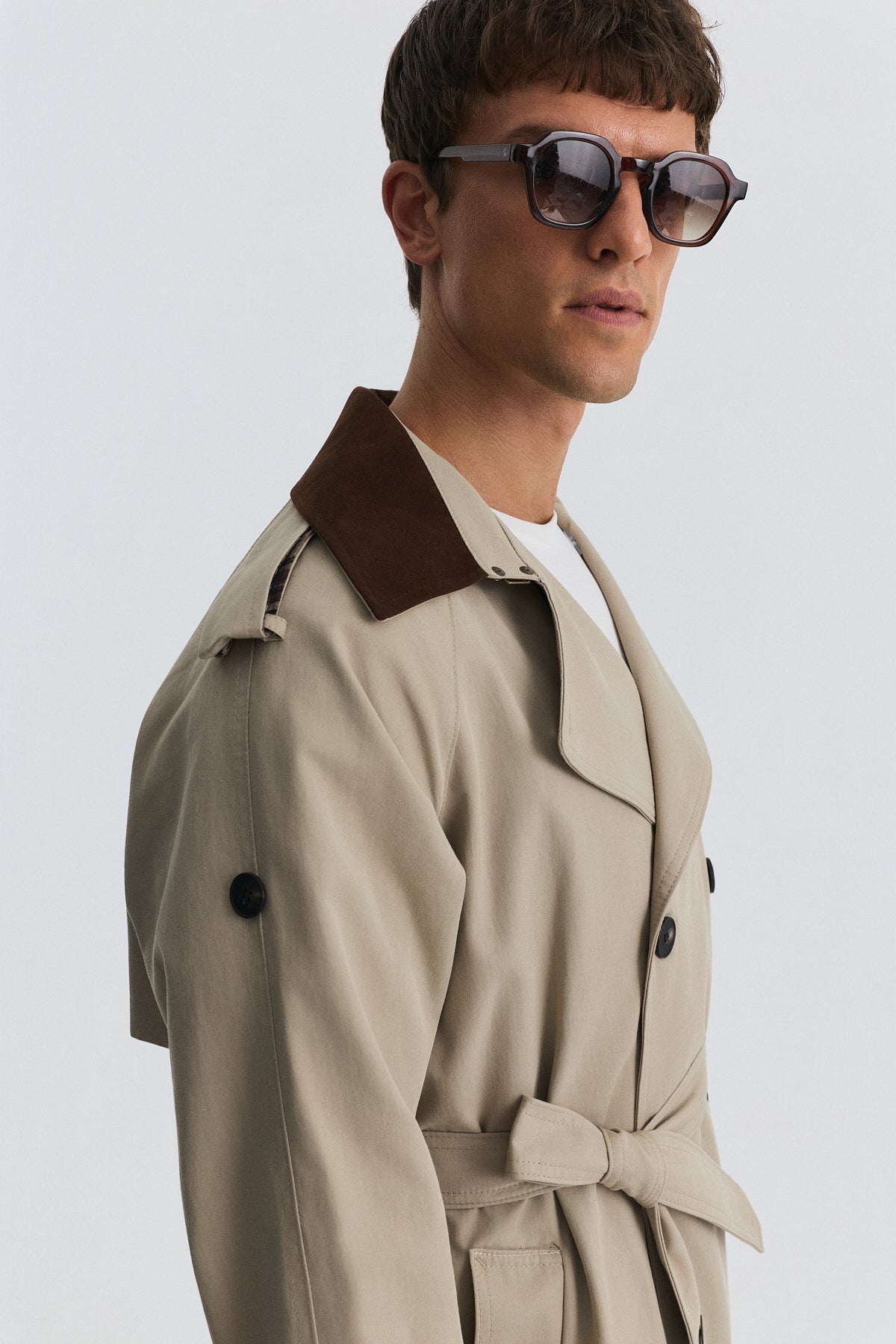 Contrast-Collar Double-Breasted Trench Coat