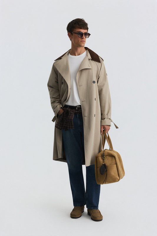 Contrast-Collar Double-Breasted Trench Coat
