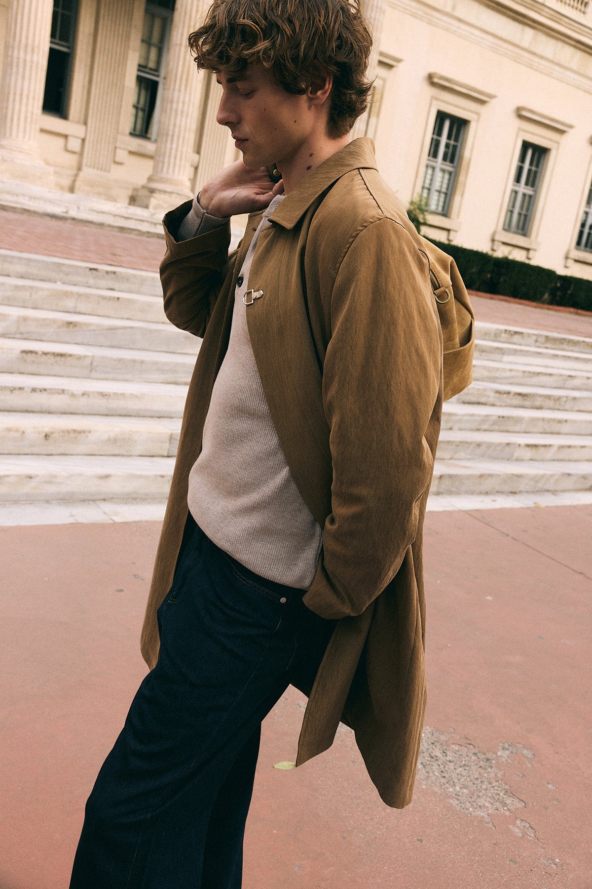Stand-Up Collar Trench Coat with Metal Buttons