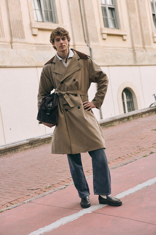 Contrast-Collar Double-Breasted Trench Coat