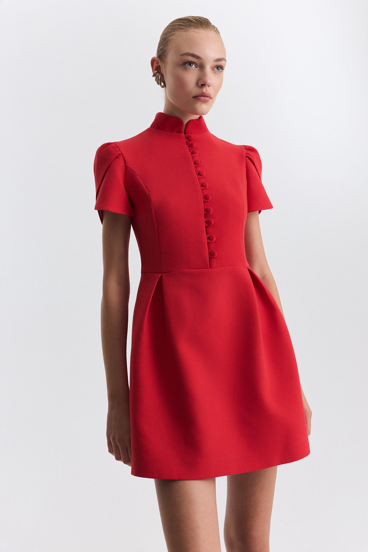Pleated-Sleeve Mini Dress