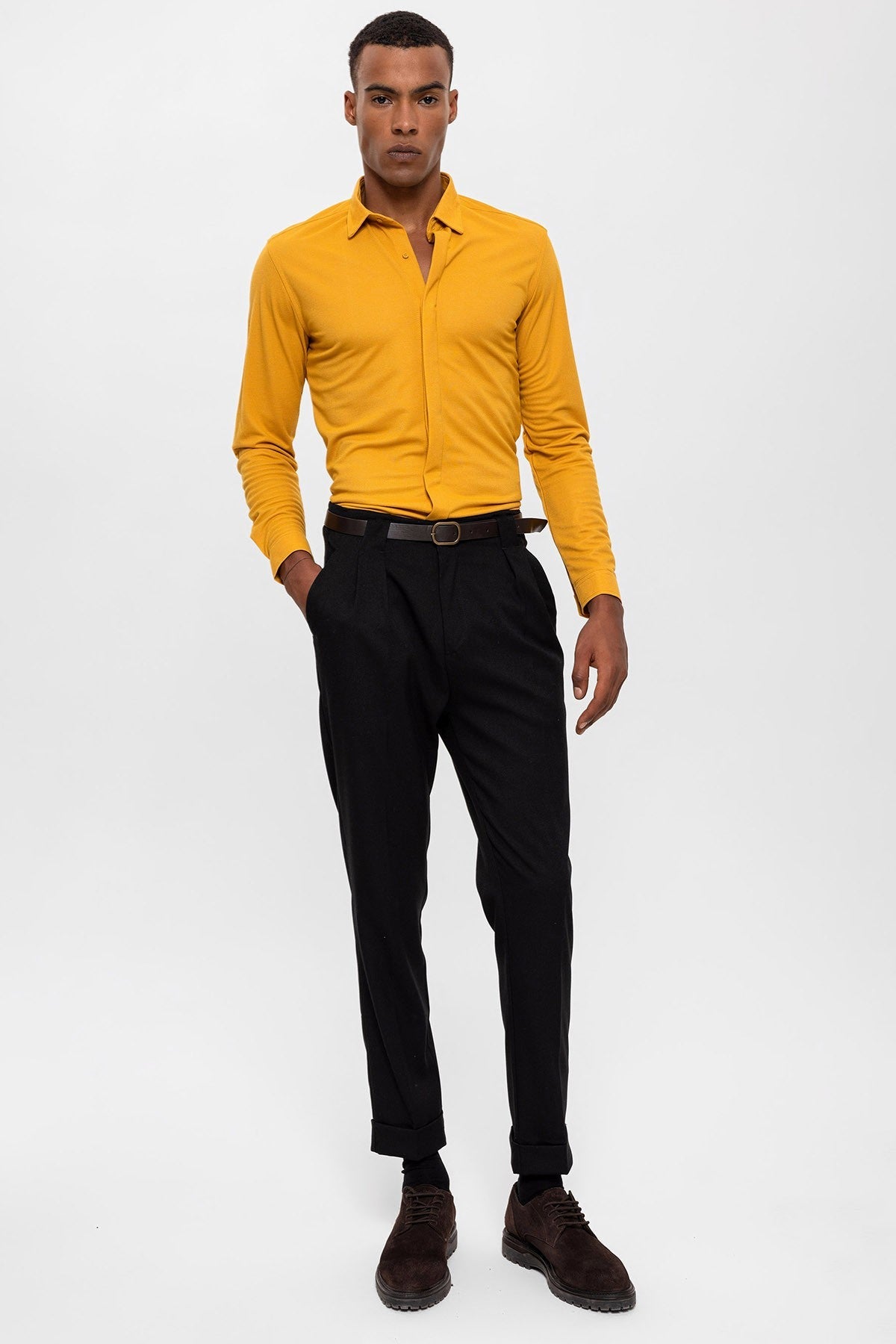 Antioch Men's Long-Sleeve Slim-Fit Knit Shirt with Hidden Buttons