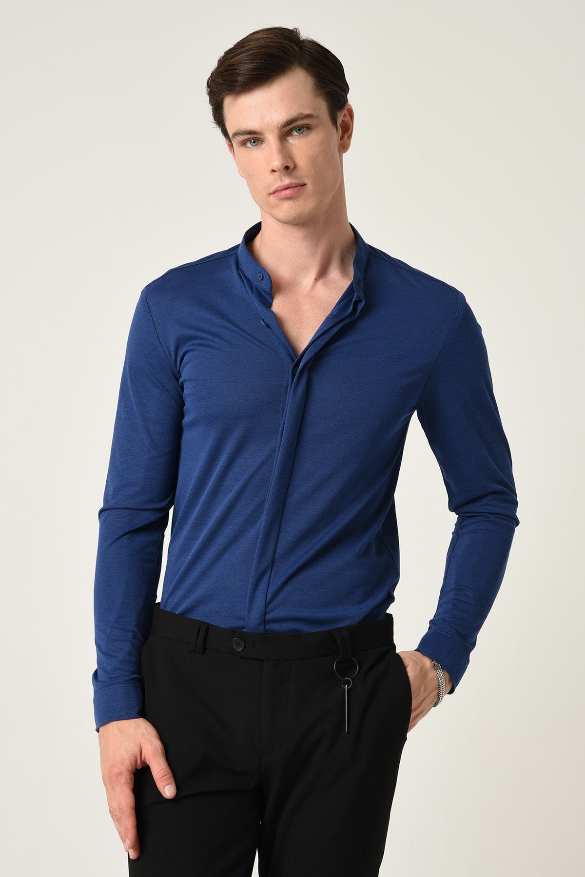 Antioch Men's Judge-Collar Hidden-Button Long-Sleeve Slim-Fit Shirt