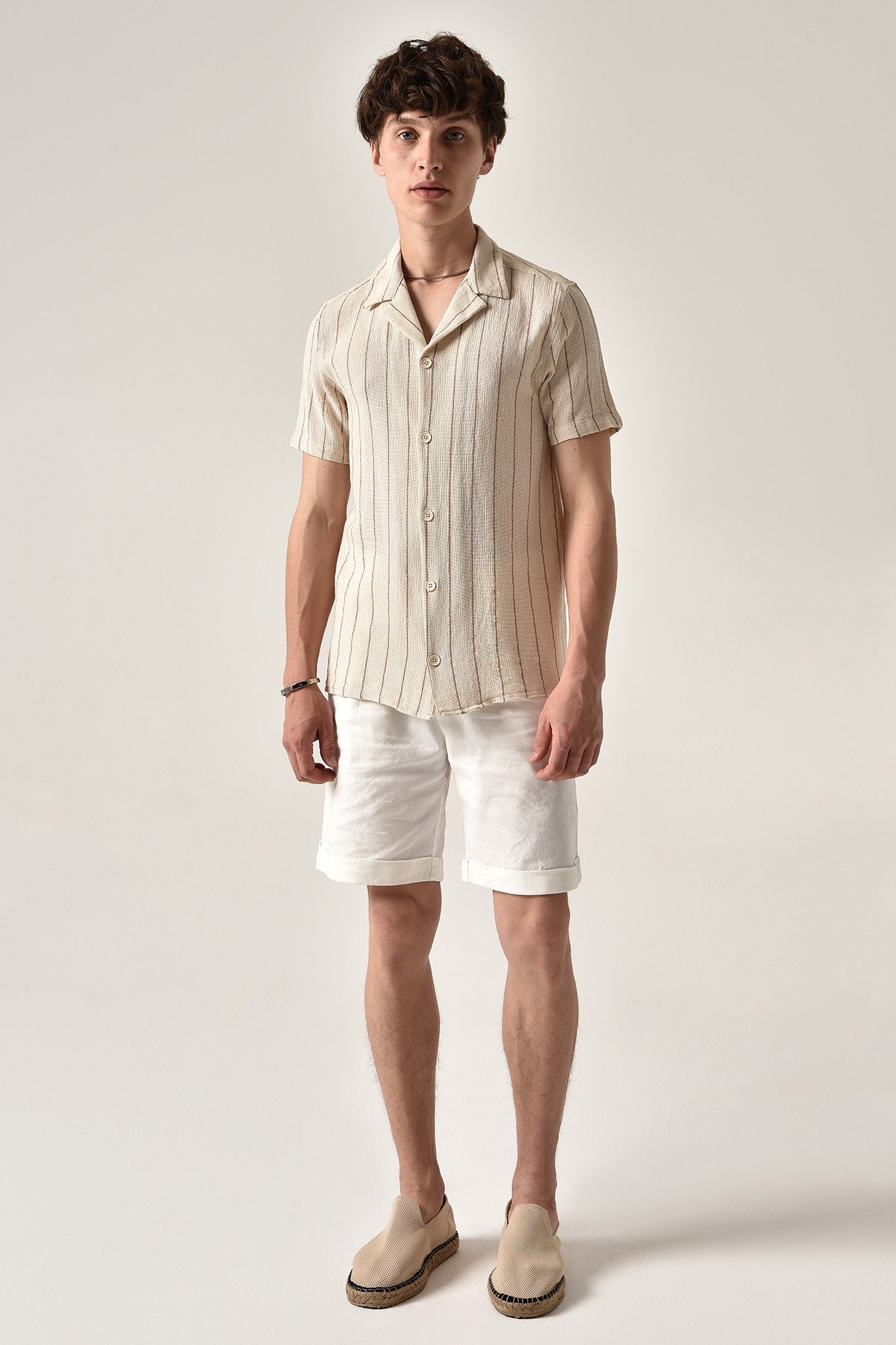 Antioch Striped Apache-Collar Short-Sleeve Linen Shirt