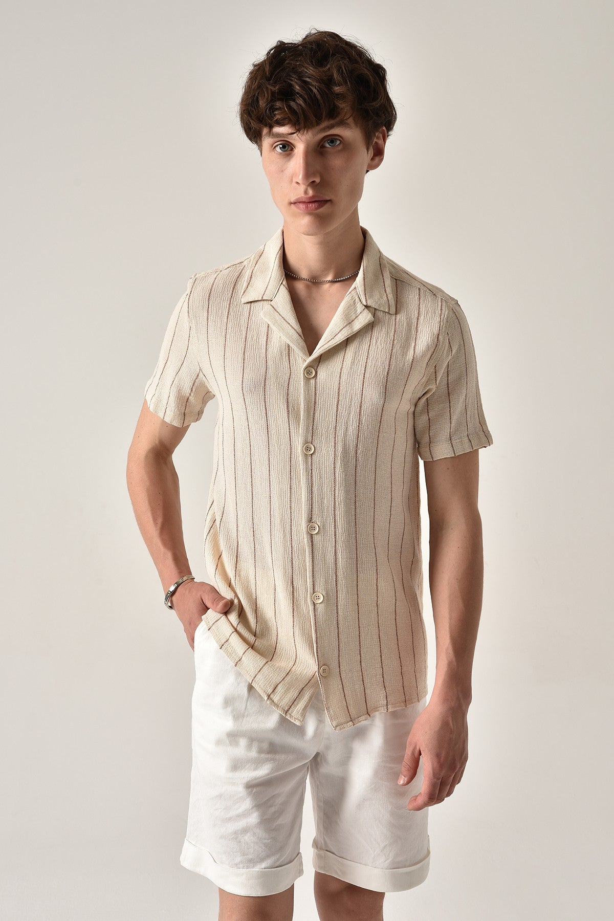 Antioch Striped Apache-Collar Short-Sleeve Linen Shirt