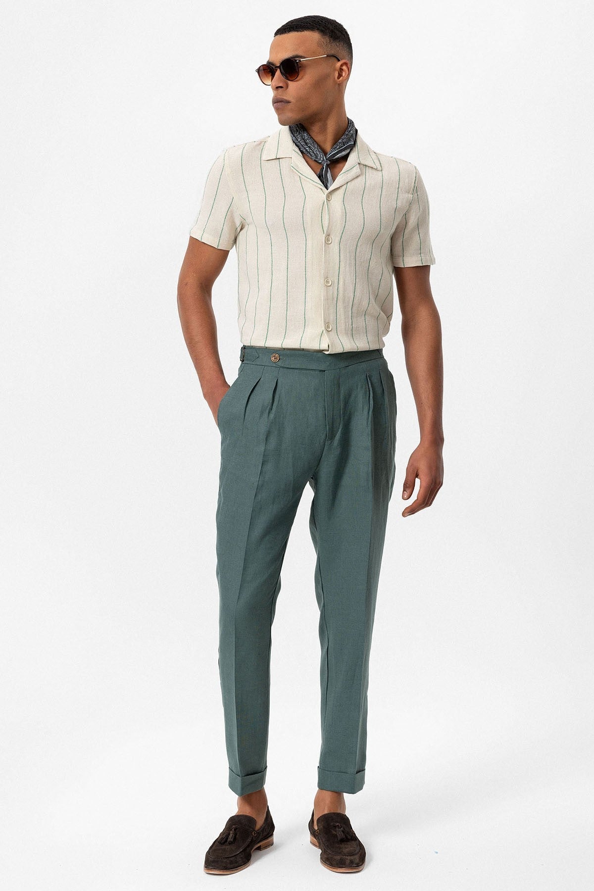 Antioch Striped Apache-Collar Short-Sleeve Linen Shirt