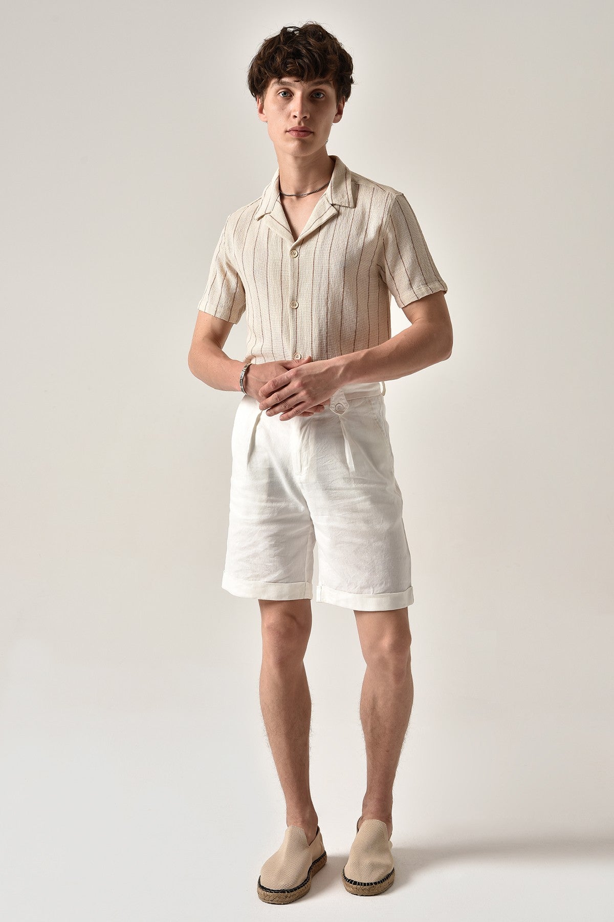 Antioch Striped Apache-Collar Short-Sleeve Linen Shirt