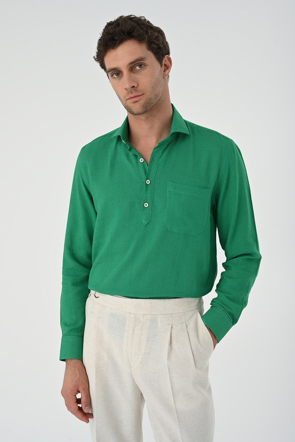 Men's Long-Sleeved Shirt with Half-Button Closure