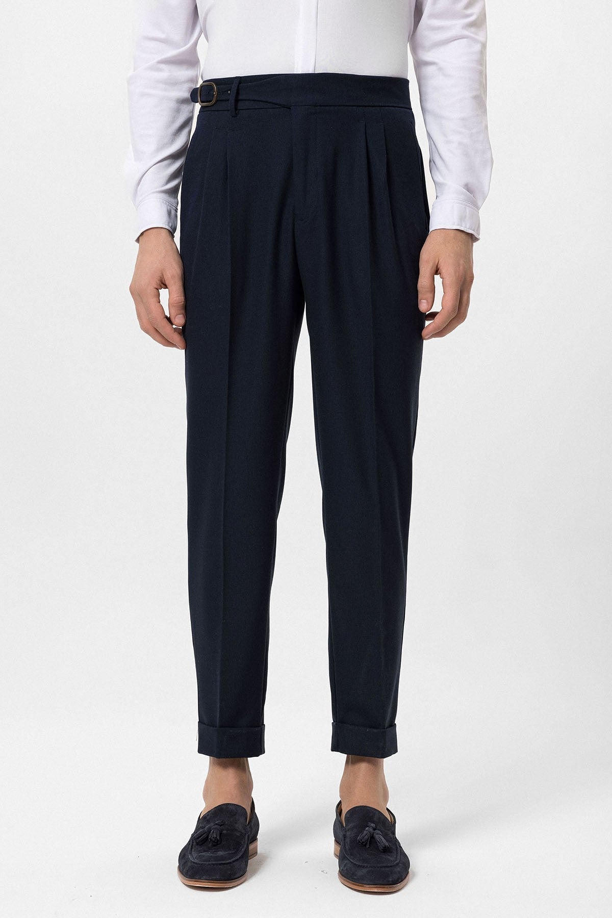High-Waisted Pleated Men's Pants with Buckle Detail