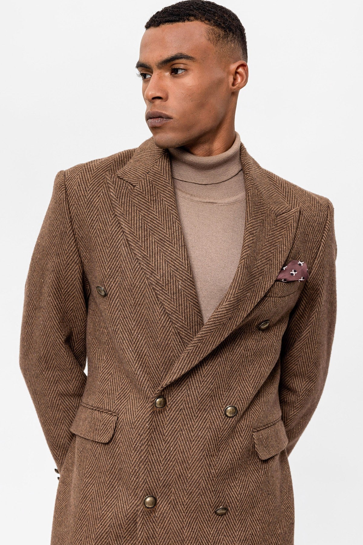 Antioch Herringbone-Patterned Double-Breasted Men's Coat