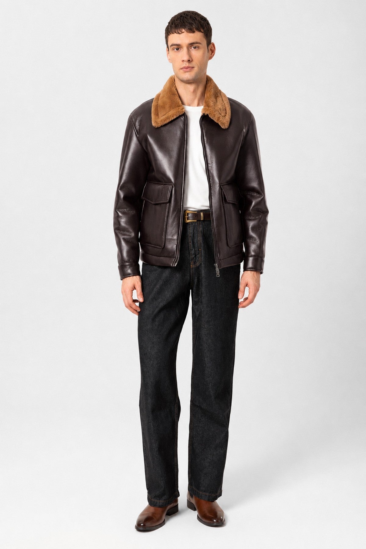 Faux Leather Jacket with Lined Details