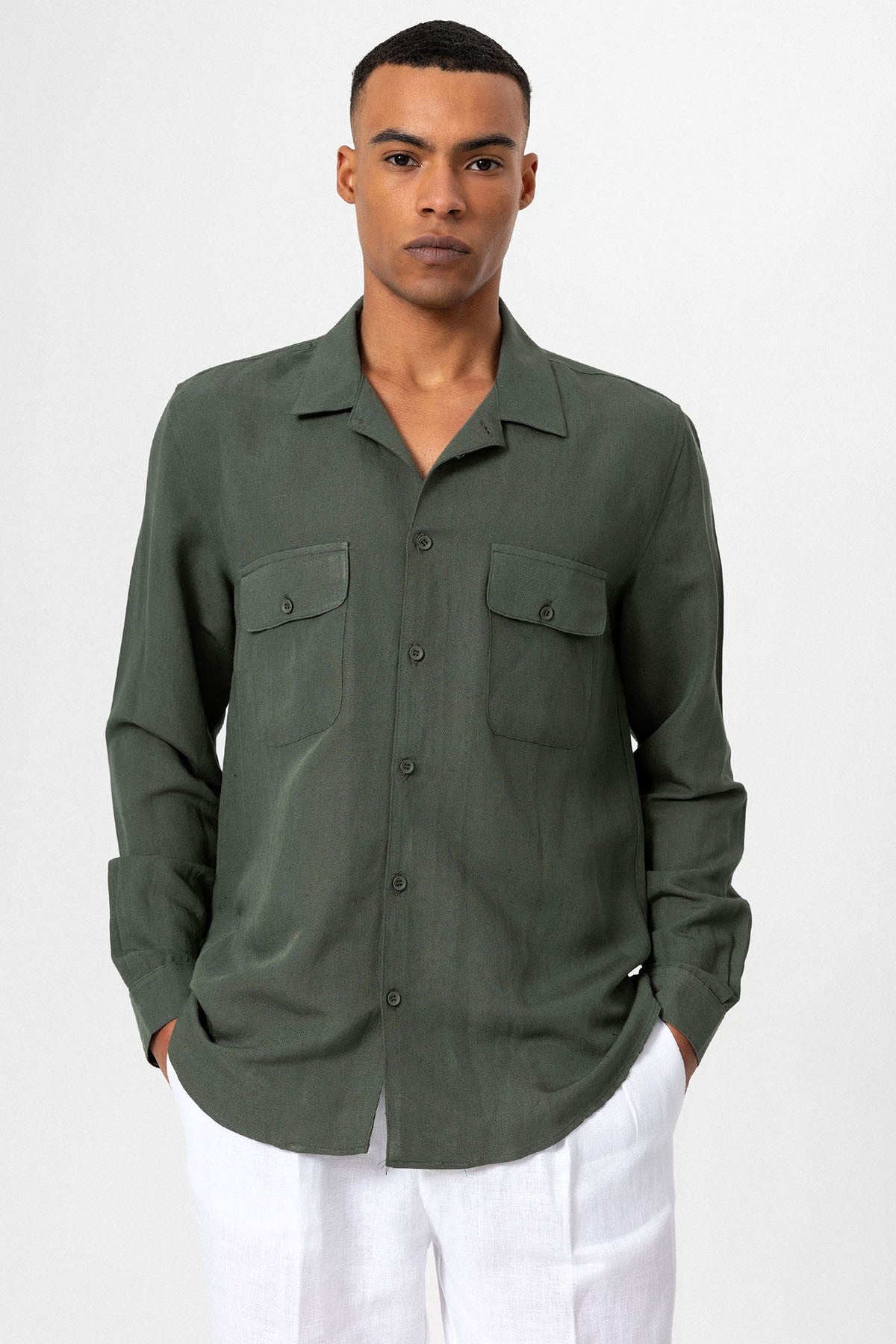 Antioch Apache Collar Linen-Blend Long-Sleeve Men's Shirt