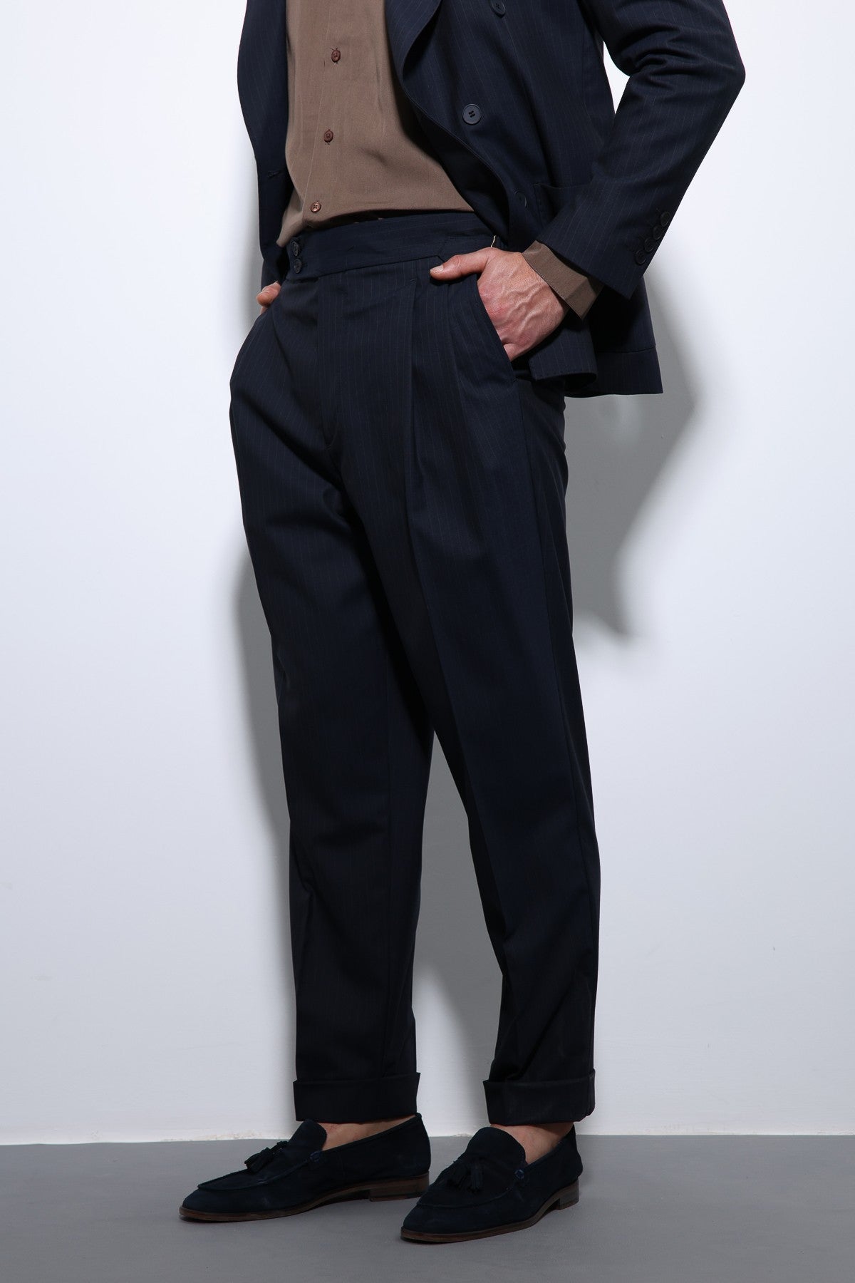 Double-Breasted, Italian-Cut, Wool-Blend Striped Men's Technical Suit