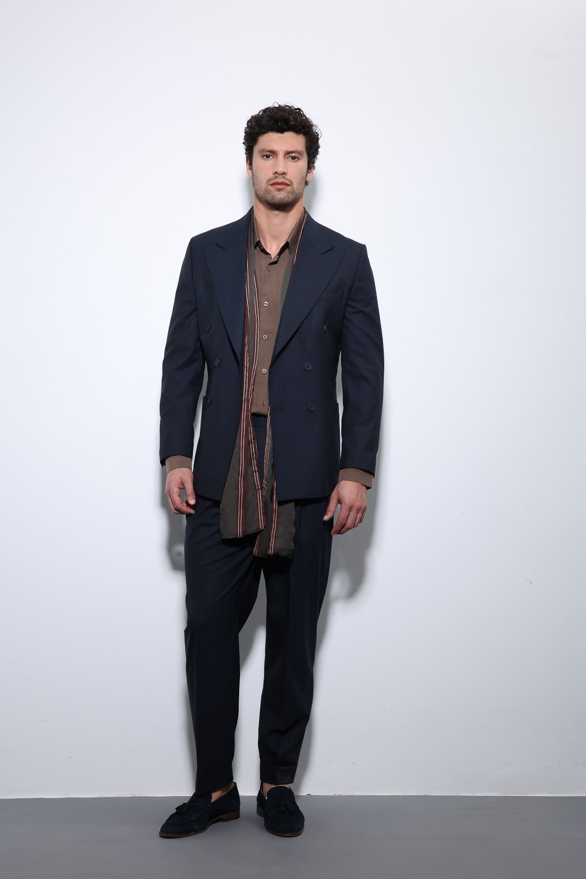 Double-Breasted, Italian-Cut, Wool-Blend Striped Men's Technical Suit
