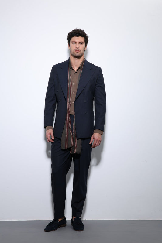 Double-Breasted, Italian-Cut, Wool-Blend Striped Men's Technical Suit