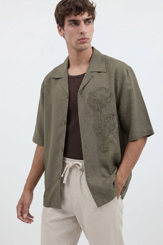Men's Embroidered Shirt with Linen Blend